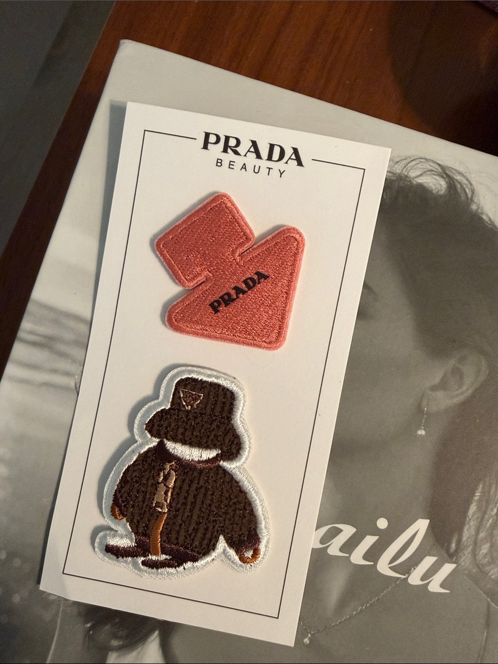 Prada Kids Arrow & Bear Embroidered Patch Duo in Pink and Brown